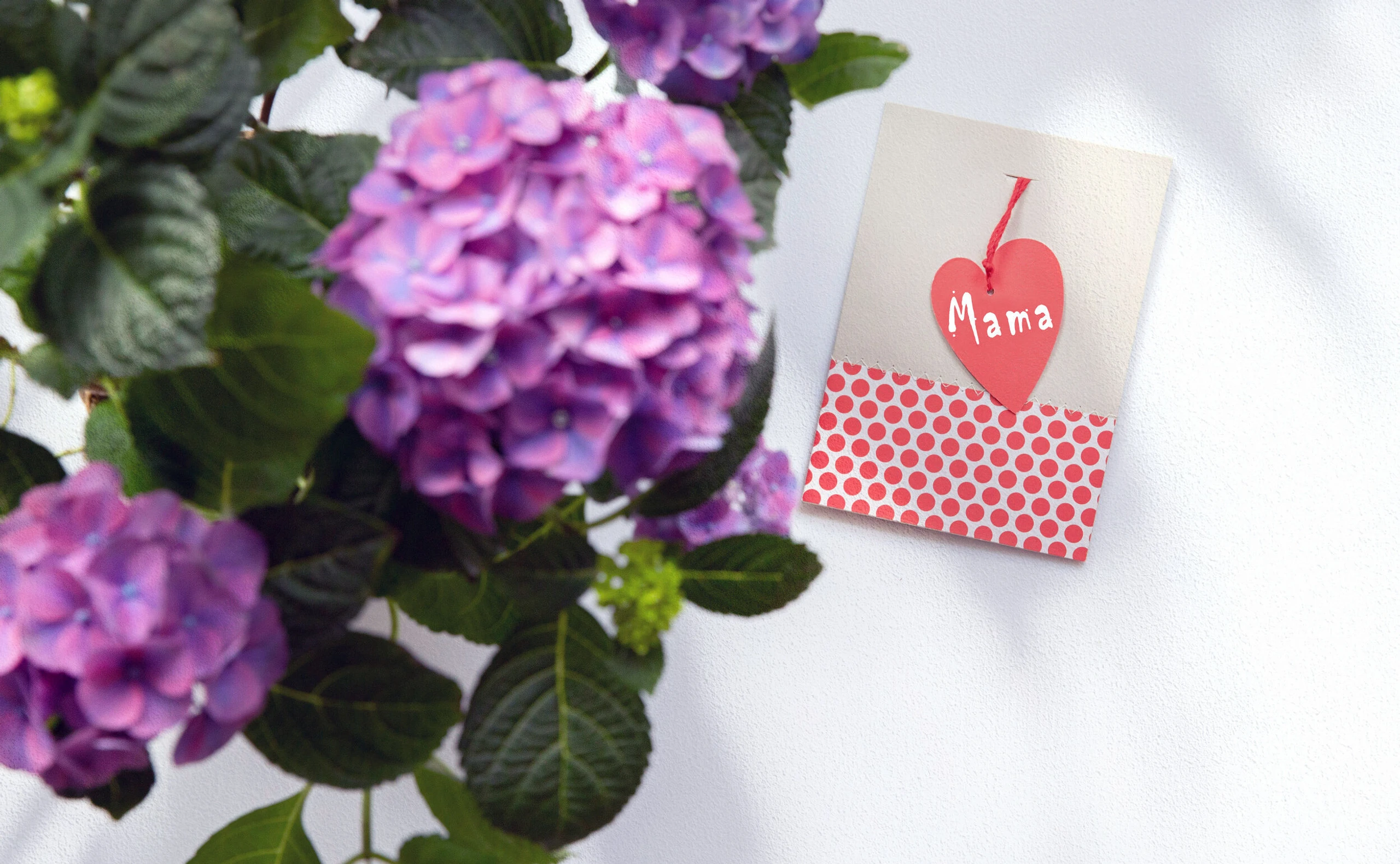 Muttertagskarte, die auf einem Tisch liegt. Im Vordergrund ist ein Blumenstrauß zu sehen.