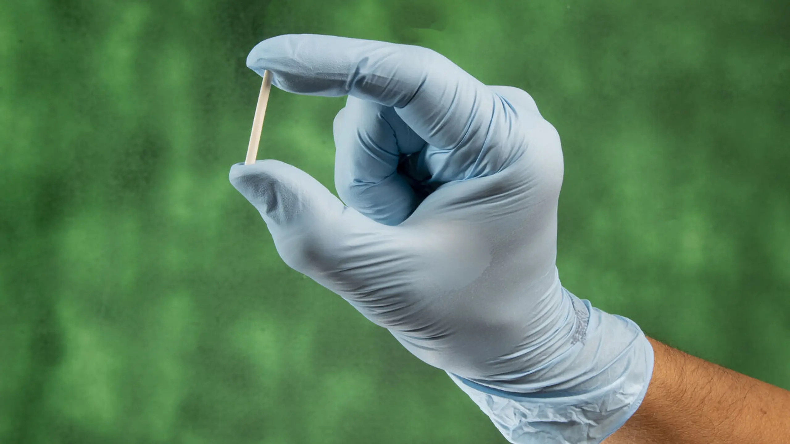 Eine Hand mit Handschuh hält ein Hormonstäbchen