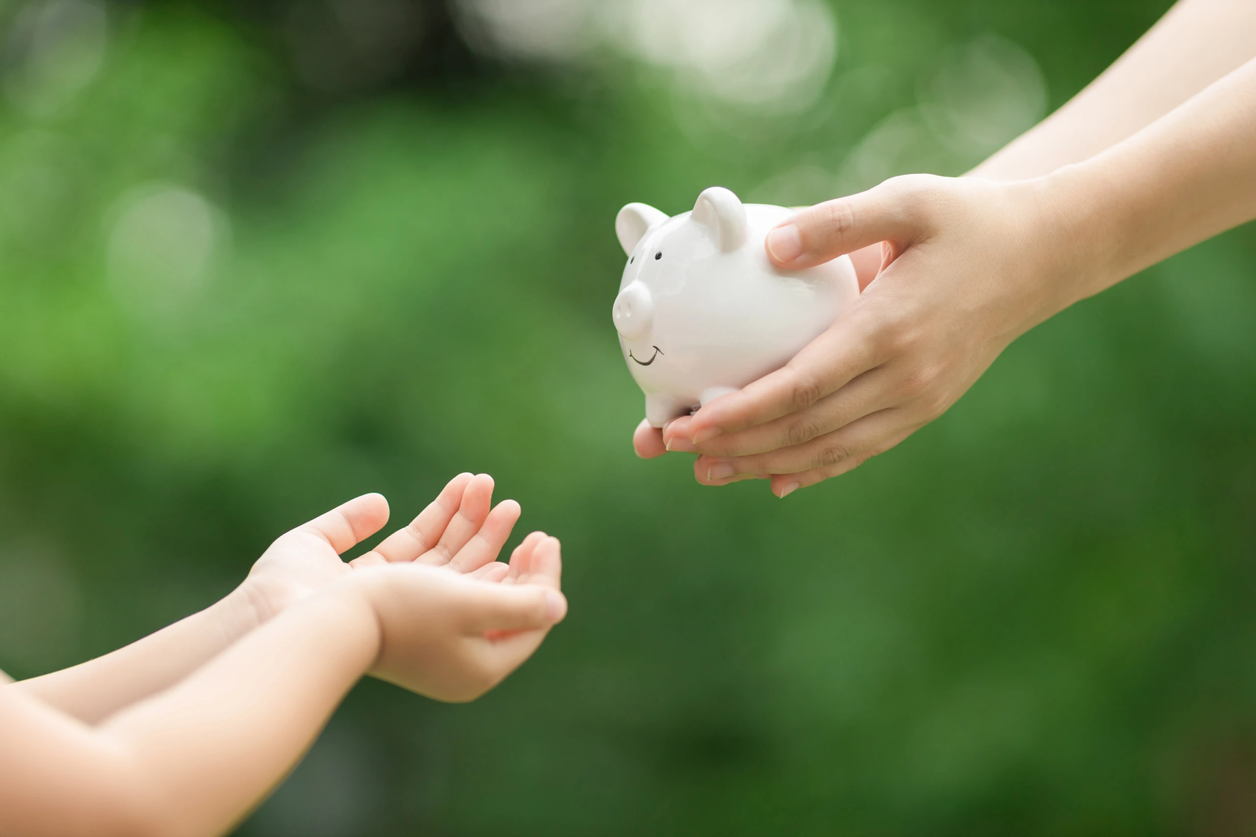 Frauenhände, die ein Sparschwein halten