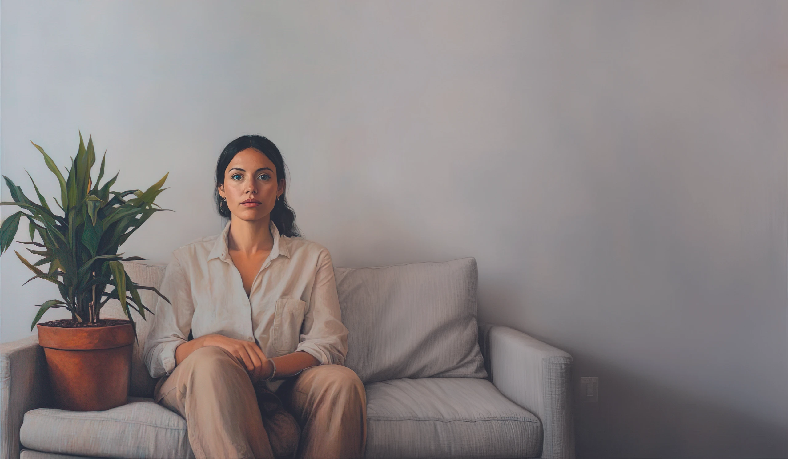 Frau, die neben einer Pflanze im Topf auf der Couch sitzt