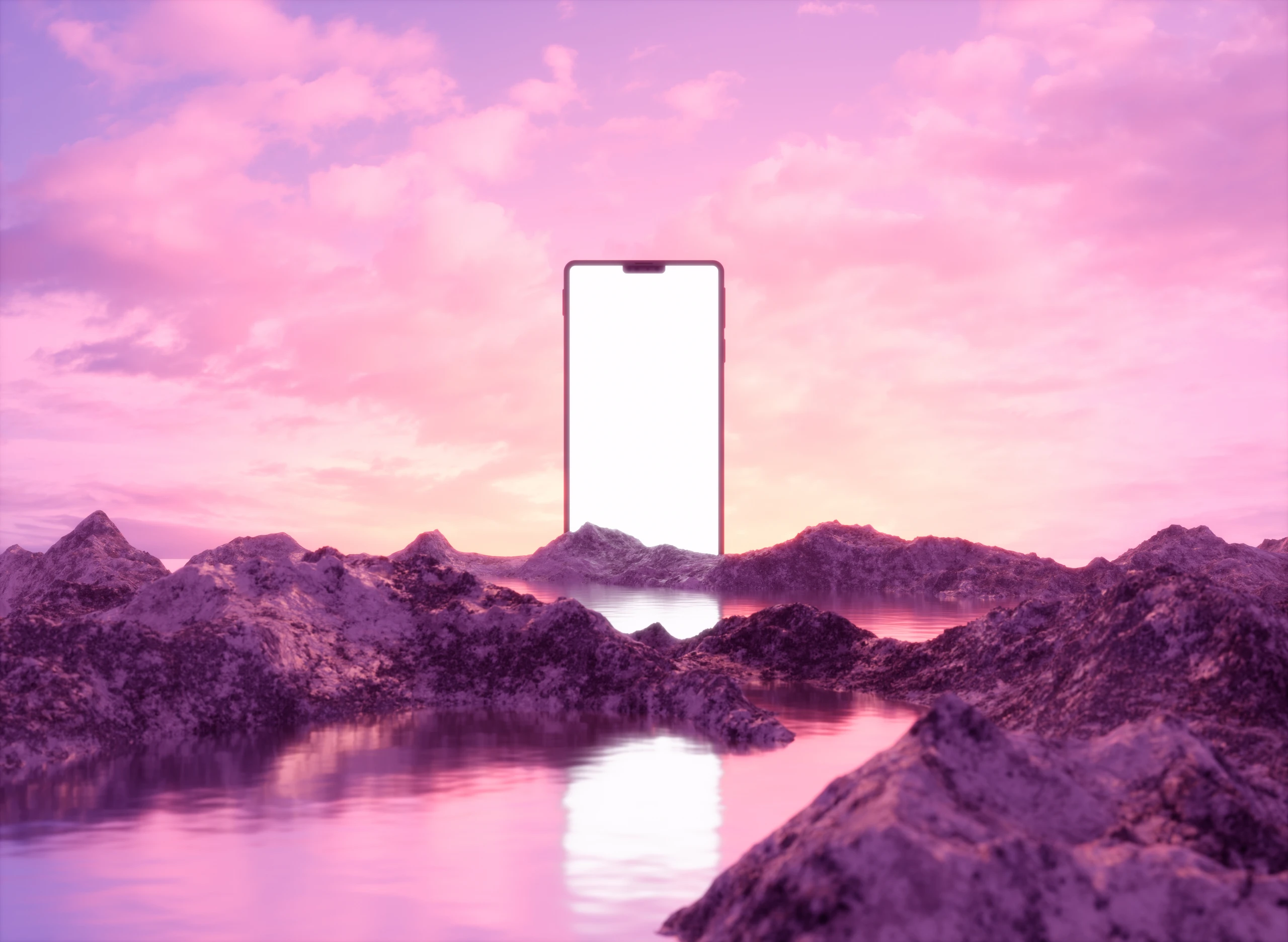 Berglandschaft im Vordergrund, Handy im Hintergrund