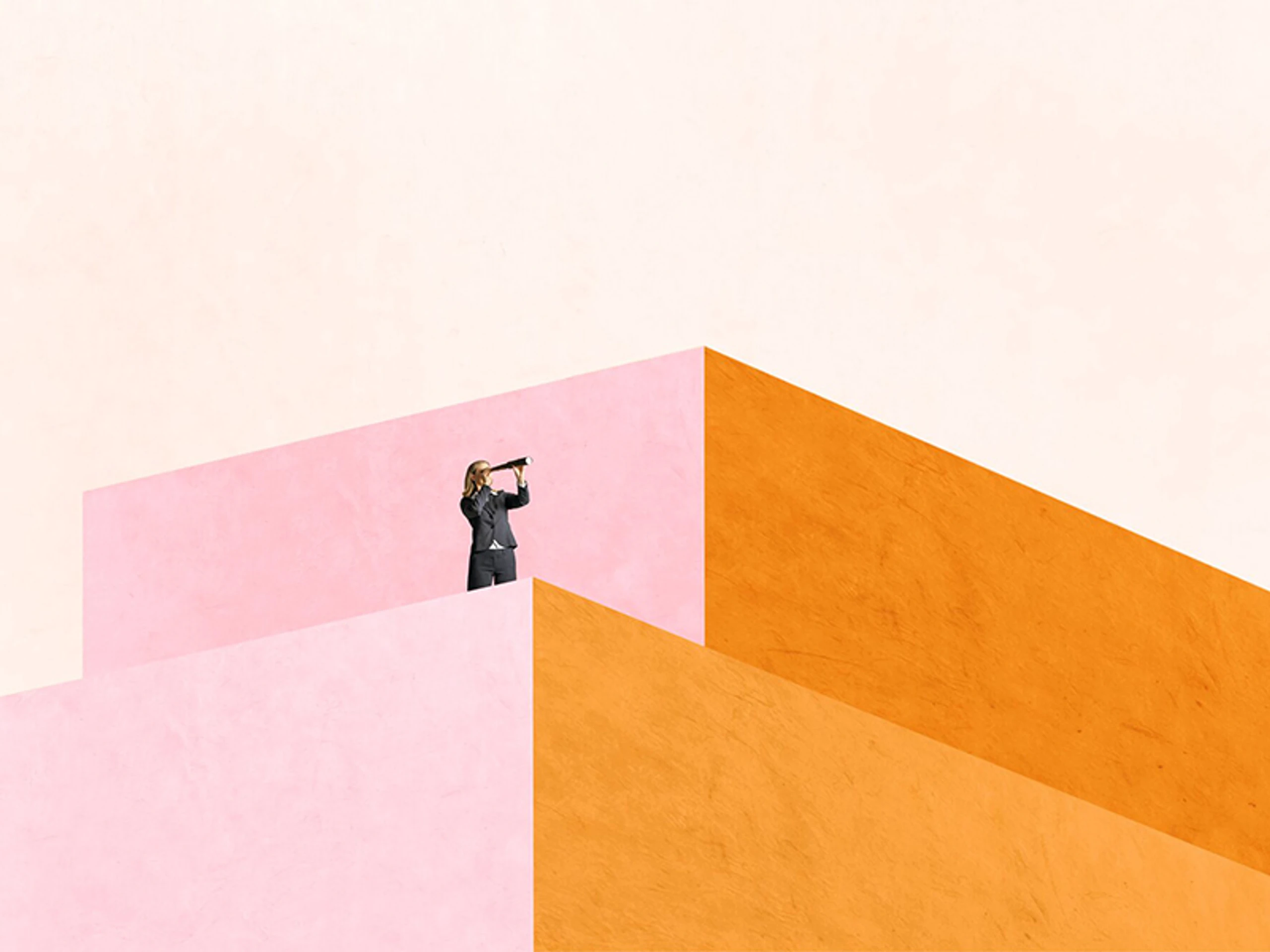 Illustration von einer Frau, die mit einem Fernrohr auf einer Treppe steht