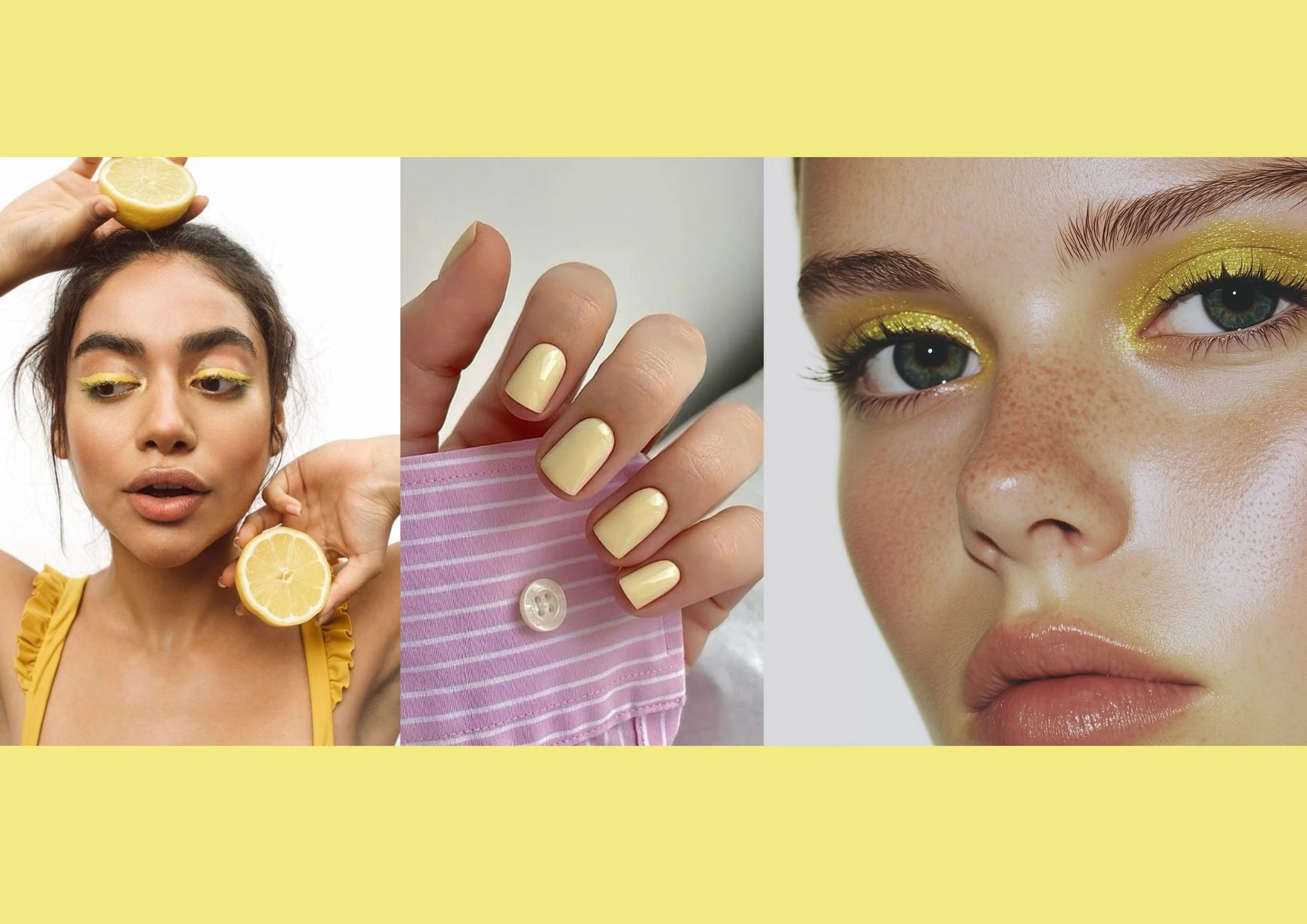v.l.n.r.: Model mit gelbem Make-up posiert mit Zitronen, Close-up von gelber Maniküre, Close-up von gold-gelbem Augenmakeup und strahlendem Teint