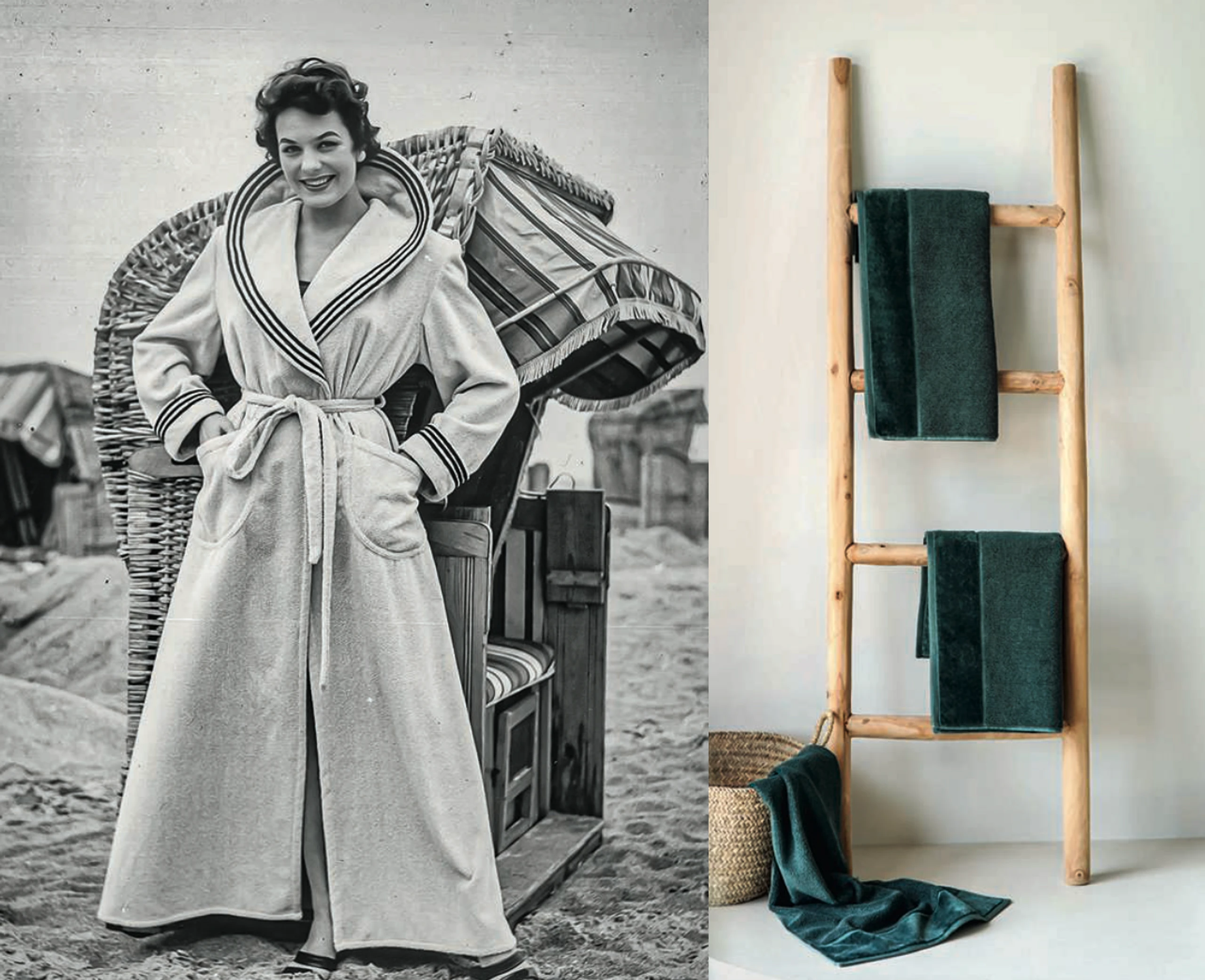 Collage aus zwei Bildern; einmal Frau im Bademantel, einmal Handtuchleiter und Deko